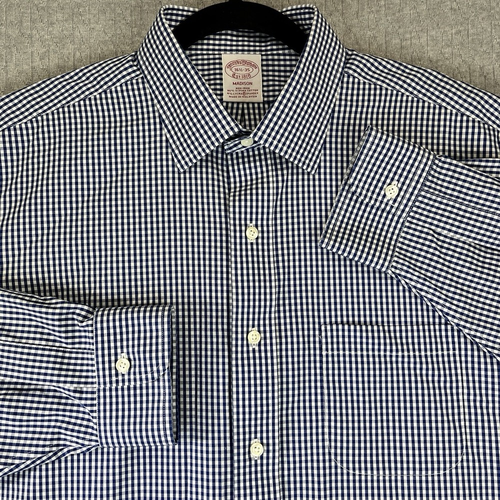 Brooks Brothers Dress Shirt Men L 16.5 34/35 Blue White Gingham Check Madison